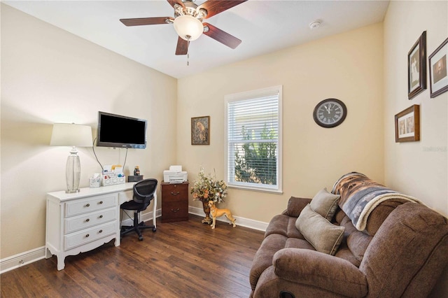 home office featuring dark wood-type flooring and ceiling fan