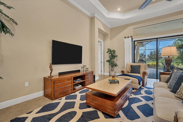 living room featuring crown molding and light tile patterned flooring