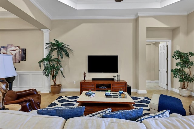 living room featuring ornamental molding, light tile patterned flooring, and ornate columns