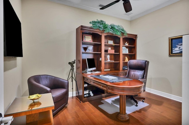 office area featuring hardwood / wood-style floors, crown molding, and ceiling fan