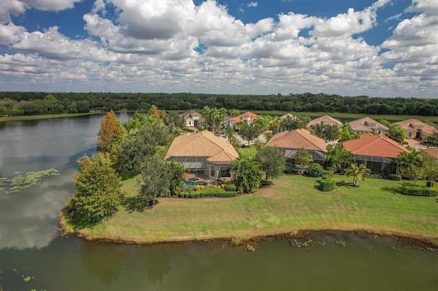 drone / aerial view with a water view