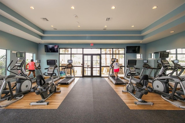 workout area featuring french doors, a raised ceiling, and light wood-type flooring