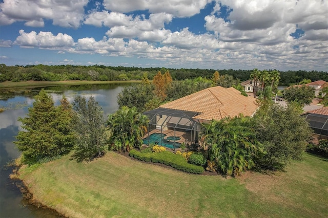 bird's eye view with a water view