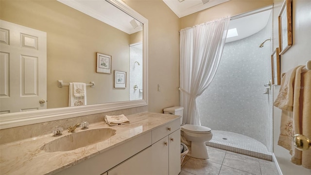 bathroom featuring tile patterned floors, vanity, toilet, and walk in shower