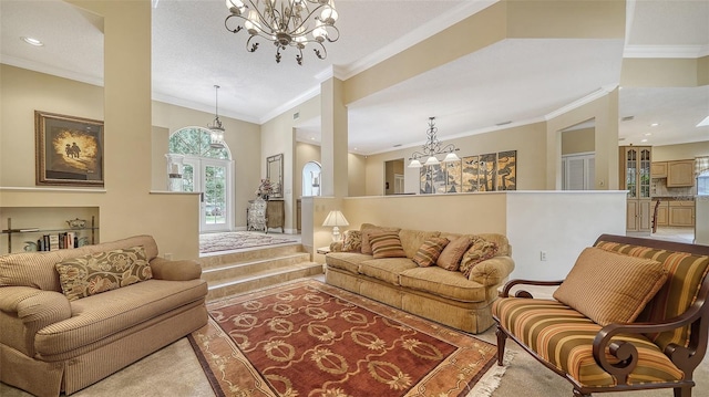 living room with carpet, a chandelier, and crown molding