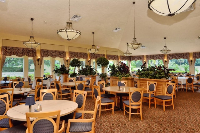 dining space featuring a textured ceiling and lofted ceiling