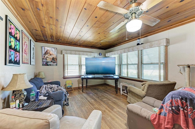 living room with wood ceiling, ceiling fan, and light wood-type flooring