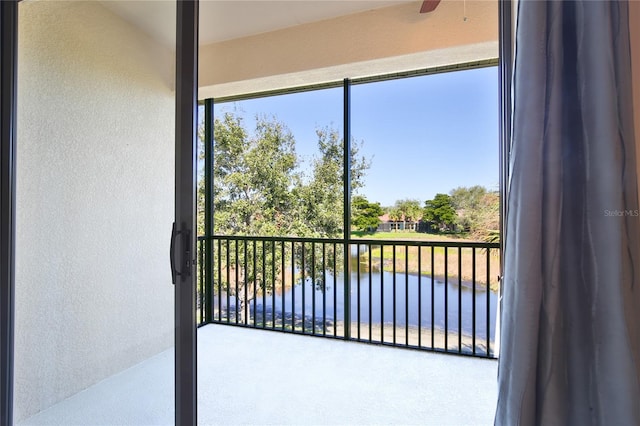 interior space with a water view