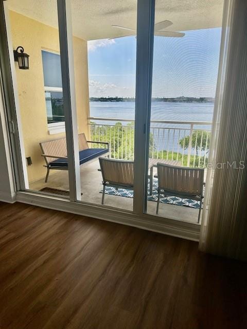 doorway to outside with a water view, a wealth of natural light, and hardwood / wood-style floors