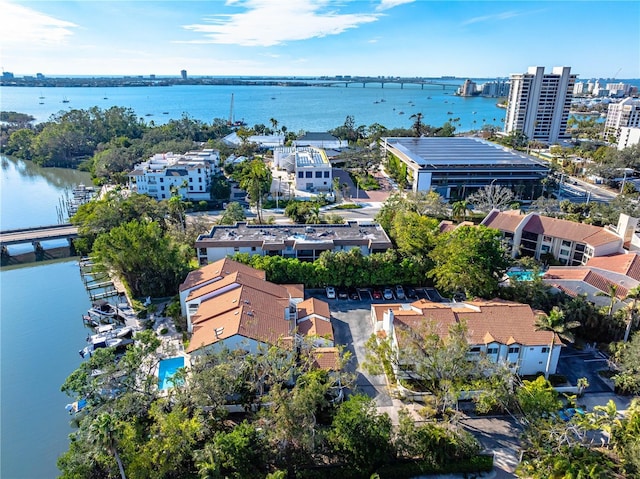 drone / aerial view with a water view