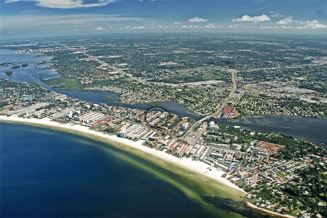 aerial view featuring a beach view and a water view