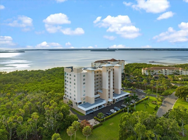 drone / aerial view with a water view