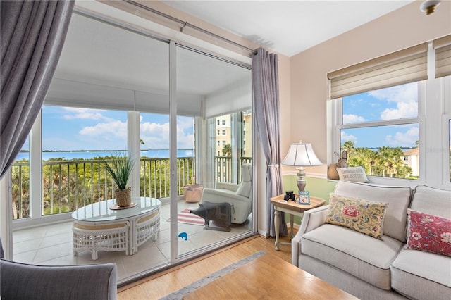 sunroom with a water view