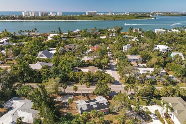 drone / aerial view with a water view