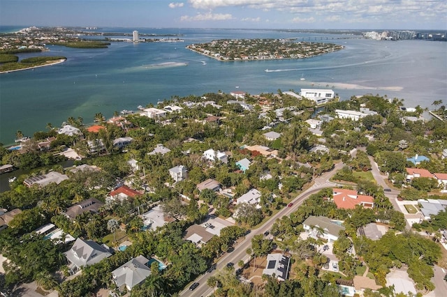 drone / aerial view featuring a water view