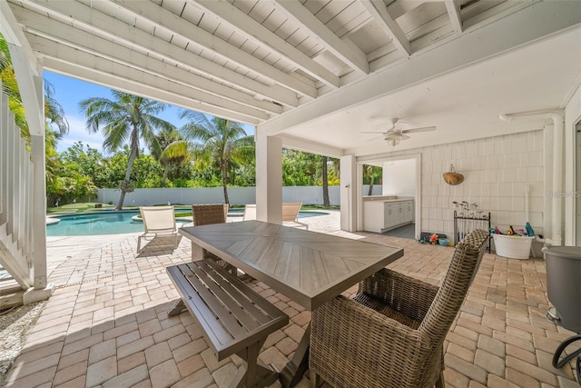 view of patio with ceiling fan and a fenced in pool