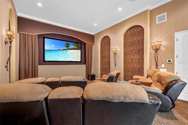 home theater featuring parquet floors and ornamental molding