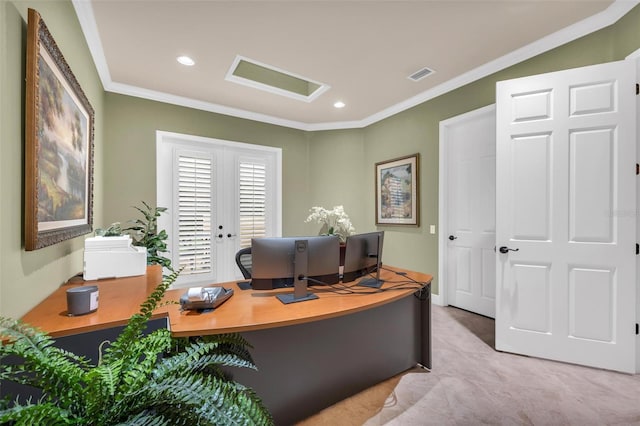 office space with crown molding and french doors