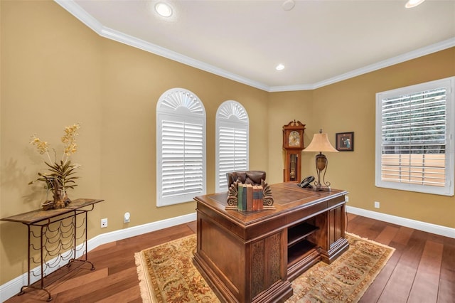 office featuring hardwood / wood-style flooring and crown molding