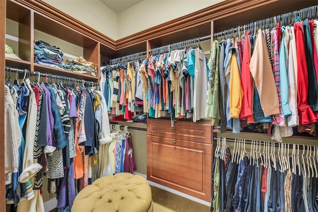 walk in closet featuring carpet flooring