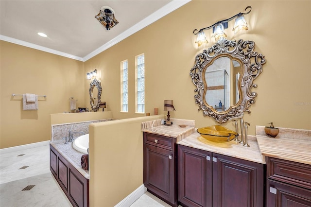 bathroom featuring crown molding, vanity, and a bath