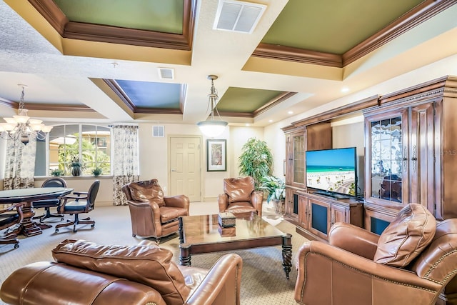 living room with light colored carpet, a tray ceiling, crown molding, and a notable chandelier