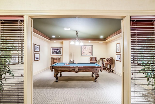 game room with a healthy amount of sunlight, carpet floors, ornamental molding, and pool table