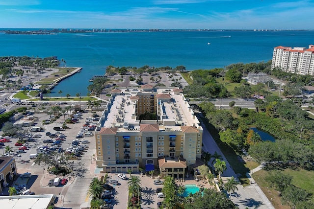 drone / aerial view featuring a water view