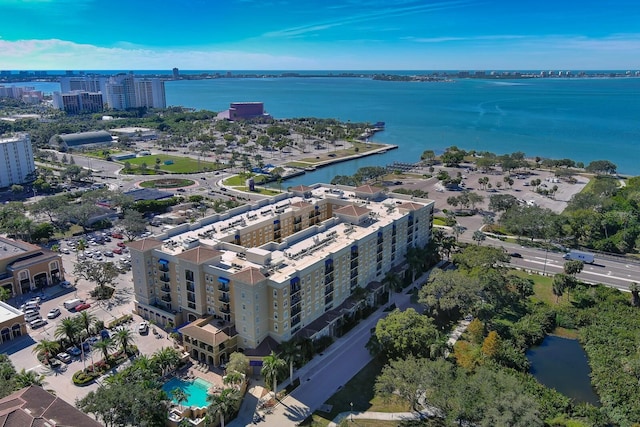 birds eye view of property featuring a water view