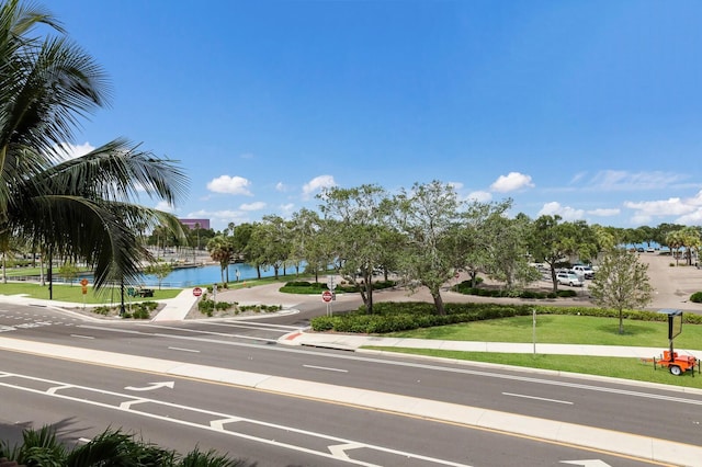 view of street featuring a water view