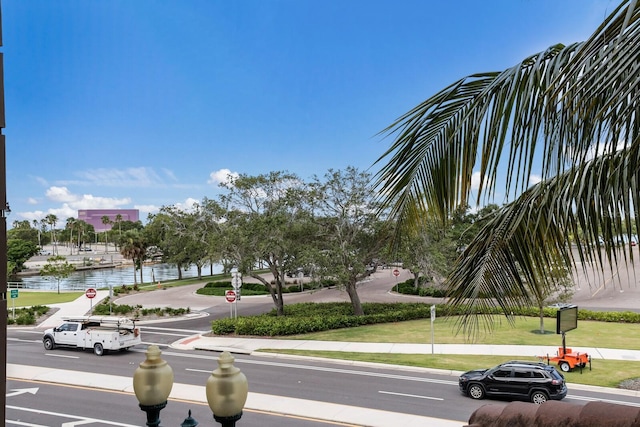 view of road featuring a water view