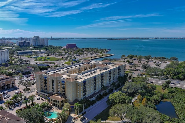 drone / aerial view with a water view