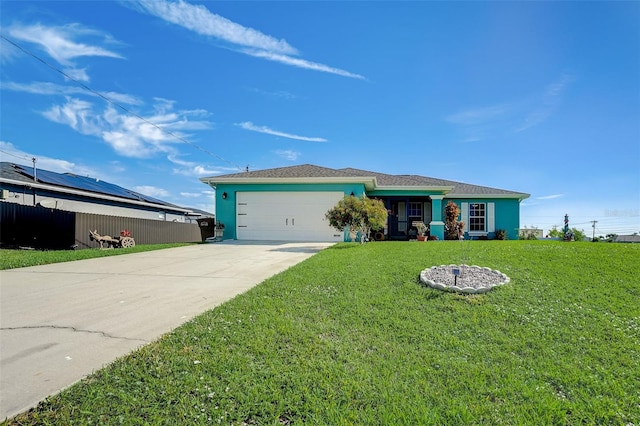 single story home with a front yard and a garage