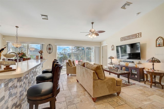 living room with ceiling fan