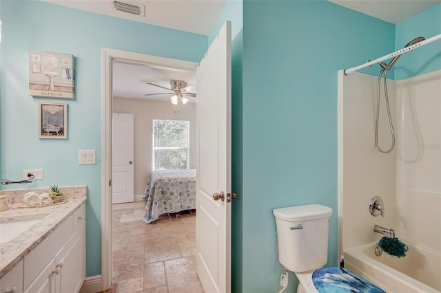 bathroom with ceiling fan, vanity, and bathtub / shower combination