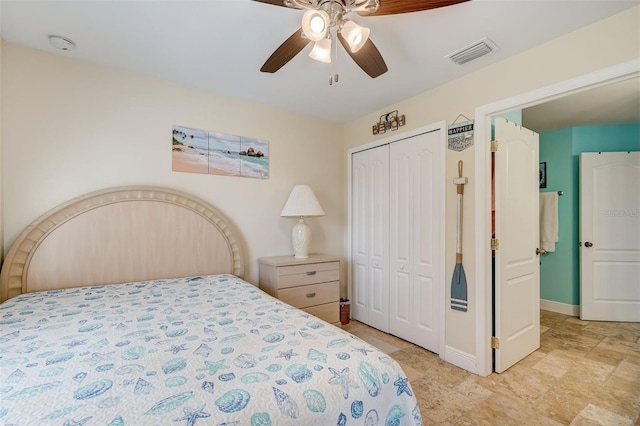 bedroom featuring ceiling fan and a closet