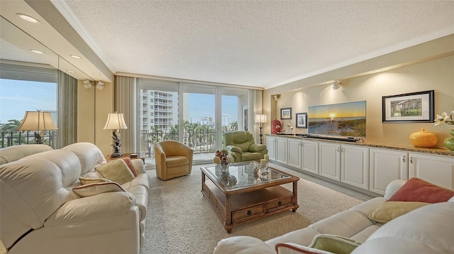 carpeted living room featuring plenty of natural light, expansive windows, a textured ceiling, and ornamental molding