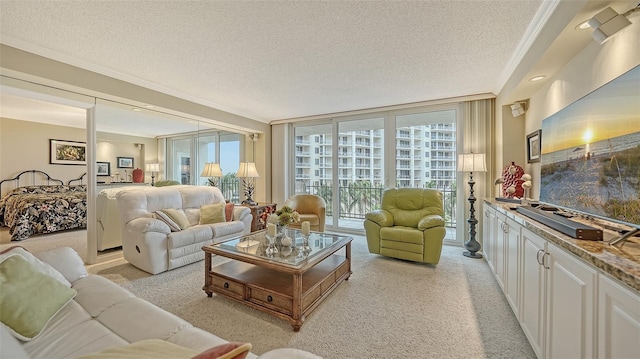 living room with crown molding, expansive windows, light colored carpet, and a textured ceiling