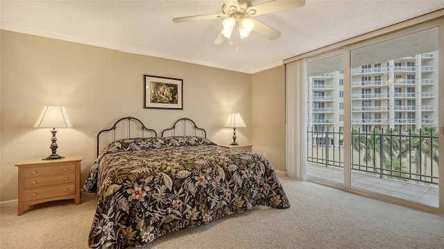 bedroom featuring light carpet, access to outside, ceiling fan, ornamental molding, and a textured ceiling