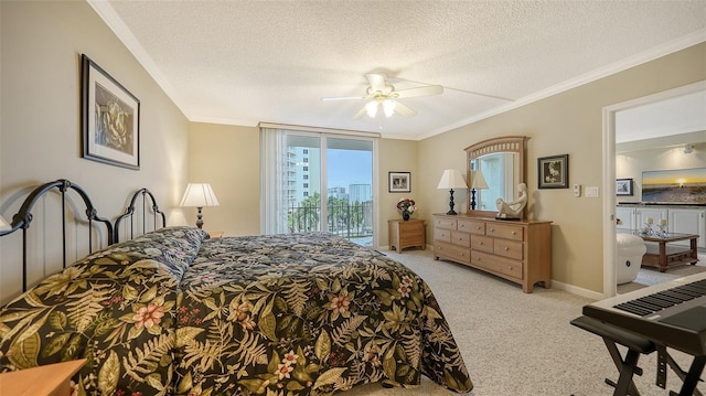 bedroom with ceiling fan, access to exterior, a textured ceiling, and crown molding