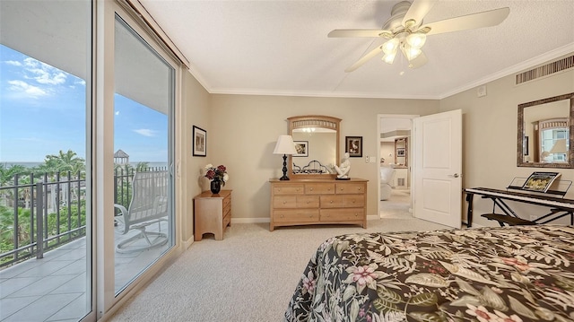 carpeted bedroom with ceiling fan, ornamental molding, a textured ceiling, and access to outside