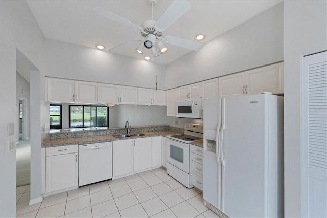 kitchen featuring ceiling fan, white cabinetry, white appliances, and sink