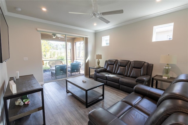 living room with light hardwood / wood-style flooring, ceiling fan, and ornamental molding