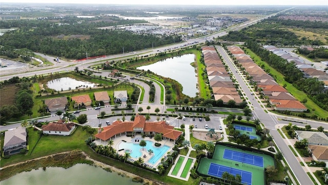 drone / aerial view with a water view