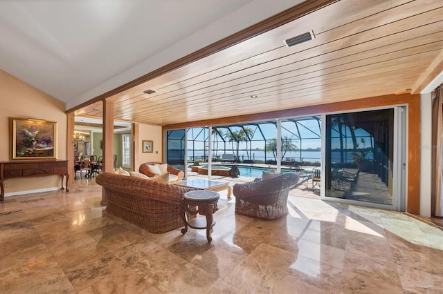 living room featuring lofted ceiling, wooden ceiling, and a sunroom