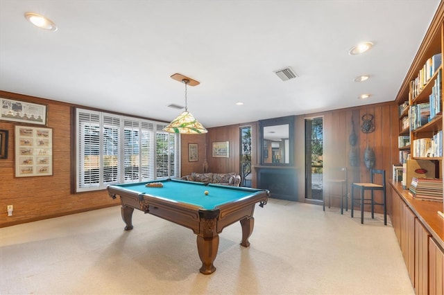 playroom featuring recessed lighting, visible vents, wooden walls, and pool table