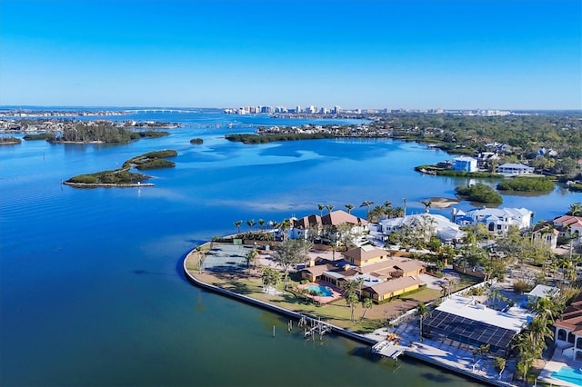 bird's eye view with a water view