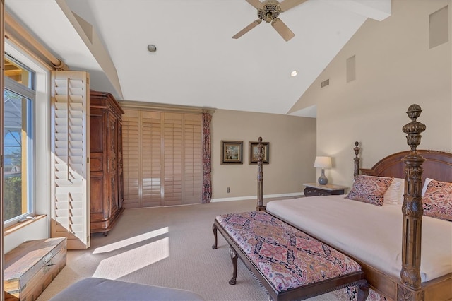 bedroom featuring baseboards, visible vents, high vaulted ceiling, and carpet