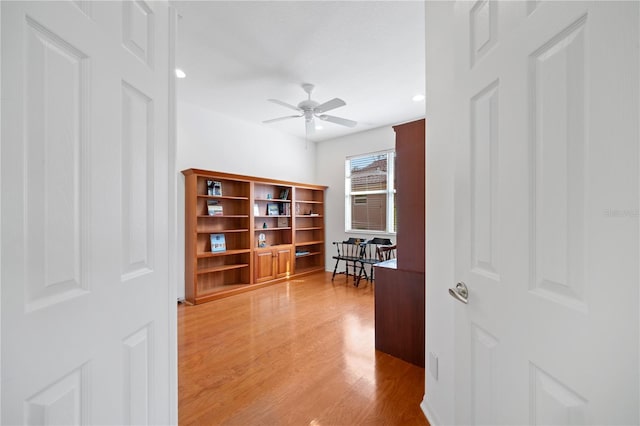 office area featuring hardwood / wood-style flooring and ceiling fan