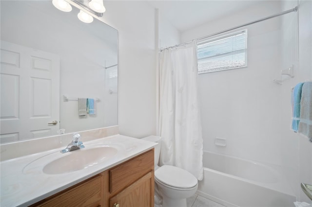 full bathroom with shower / bath combo, vanity, and toilet